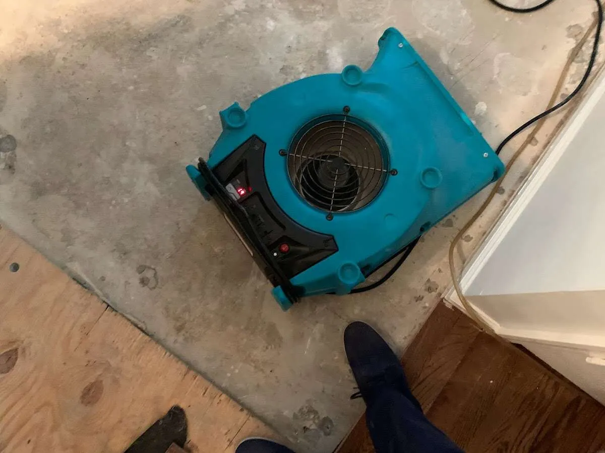 Air mover drying subfloor during Leak Detection & Repair in Union